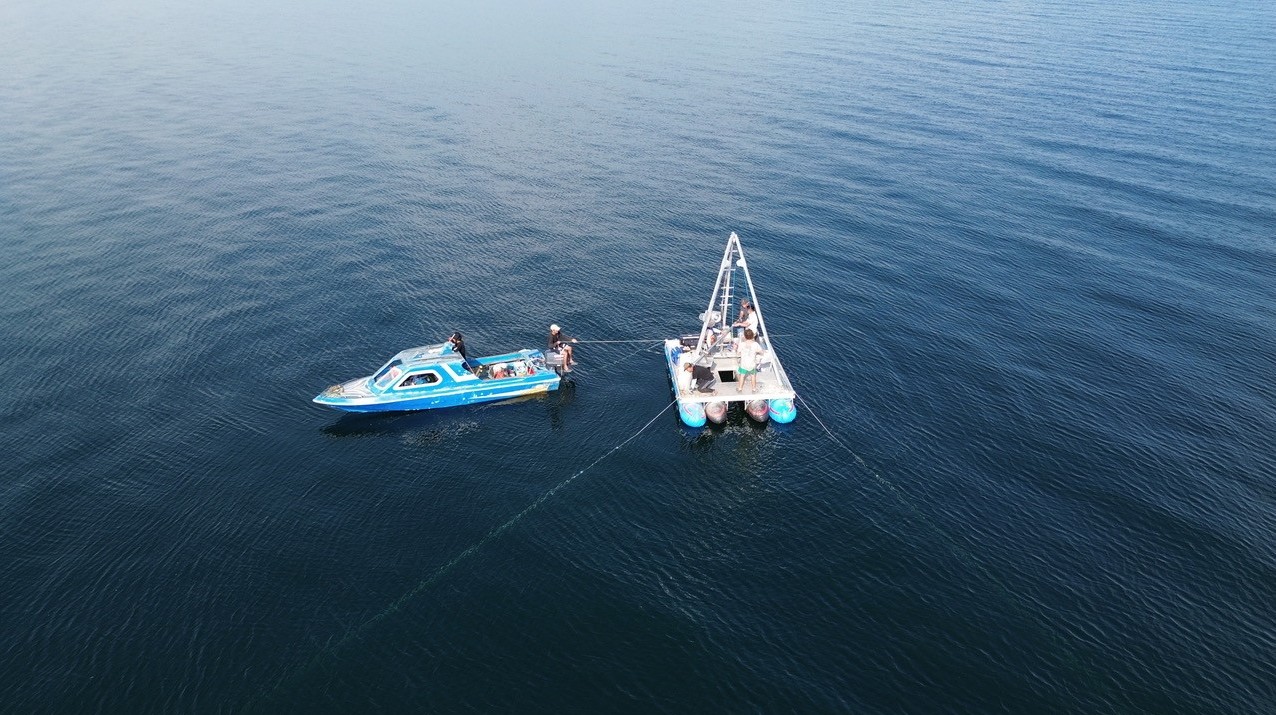 A drill platform used for the extraction of sediment cores in lakes
